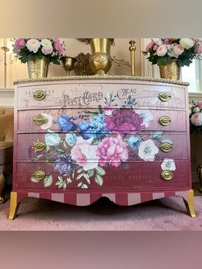 Floral Postcard Painted Dresser - Pink, Burgundy, Blue Accents